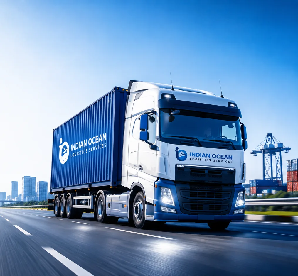 Modern freight truck branded for Indian Ocean Logistics